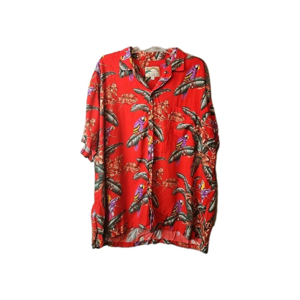 Paradise Found Red Parrot Hawaiian Shirt Men's XL 100% Rayon
